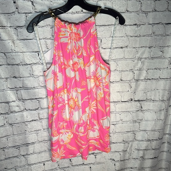 Lilly Pulitzer Beachy Blooms Bowen Halter Top Gold Chain Pink Flowers SMALL - Picture 5 of 6